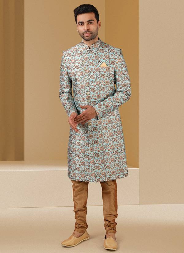 Soumya Creation Festive Wear Banarasi Silk Digital Print Kurta Pajama With Jacket Mens Collection